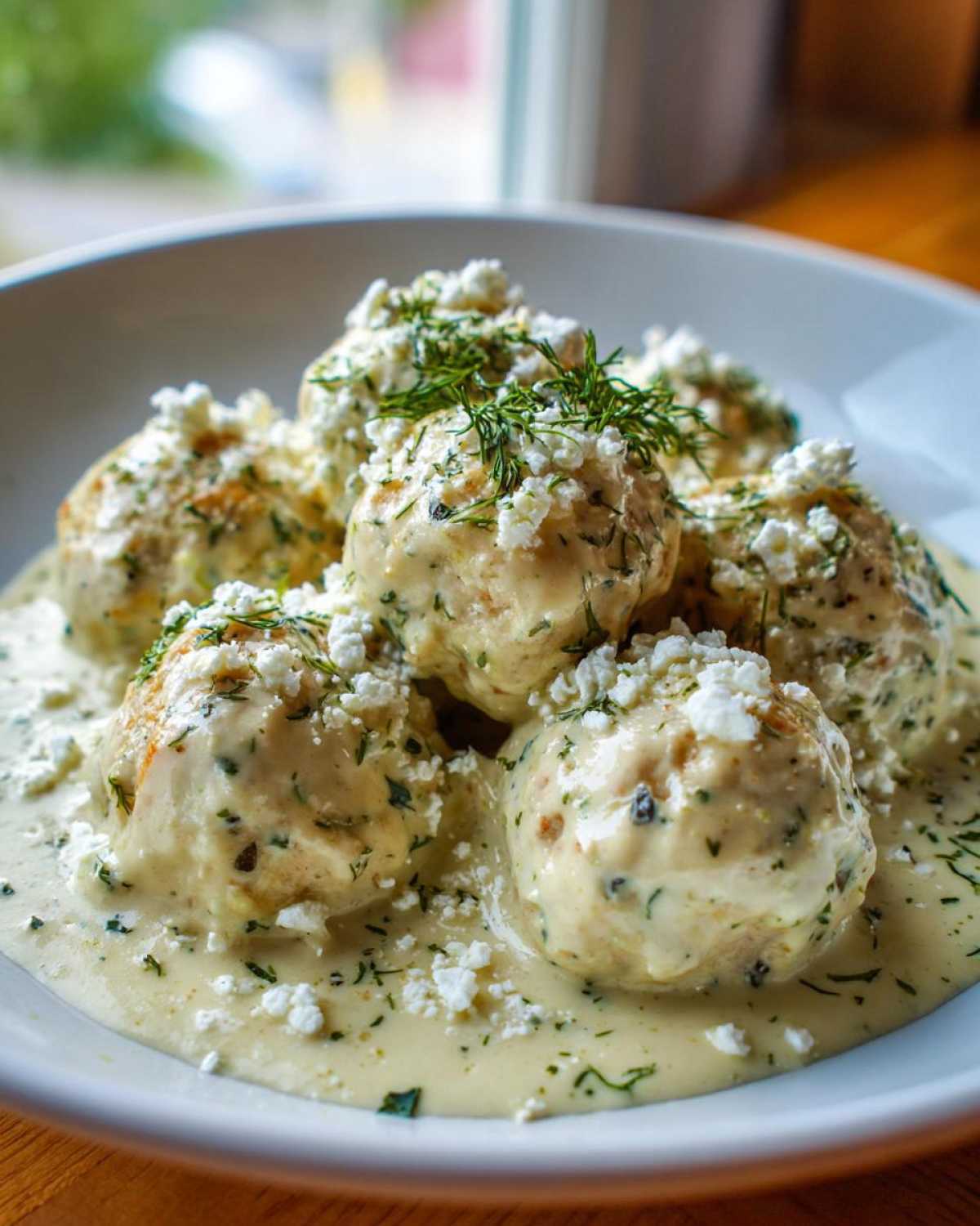 Close-up of Easy Creamy Greek Chicken Meatballs covered in a rich sauce, topped with feta cheese and fresh dill.