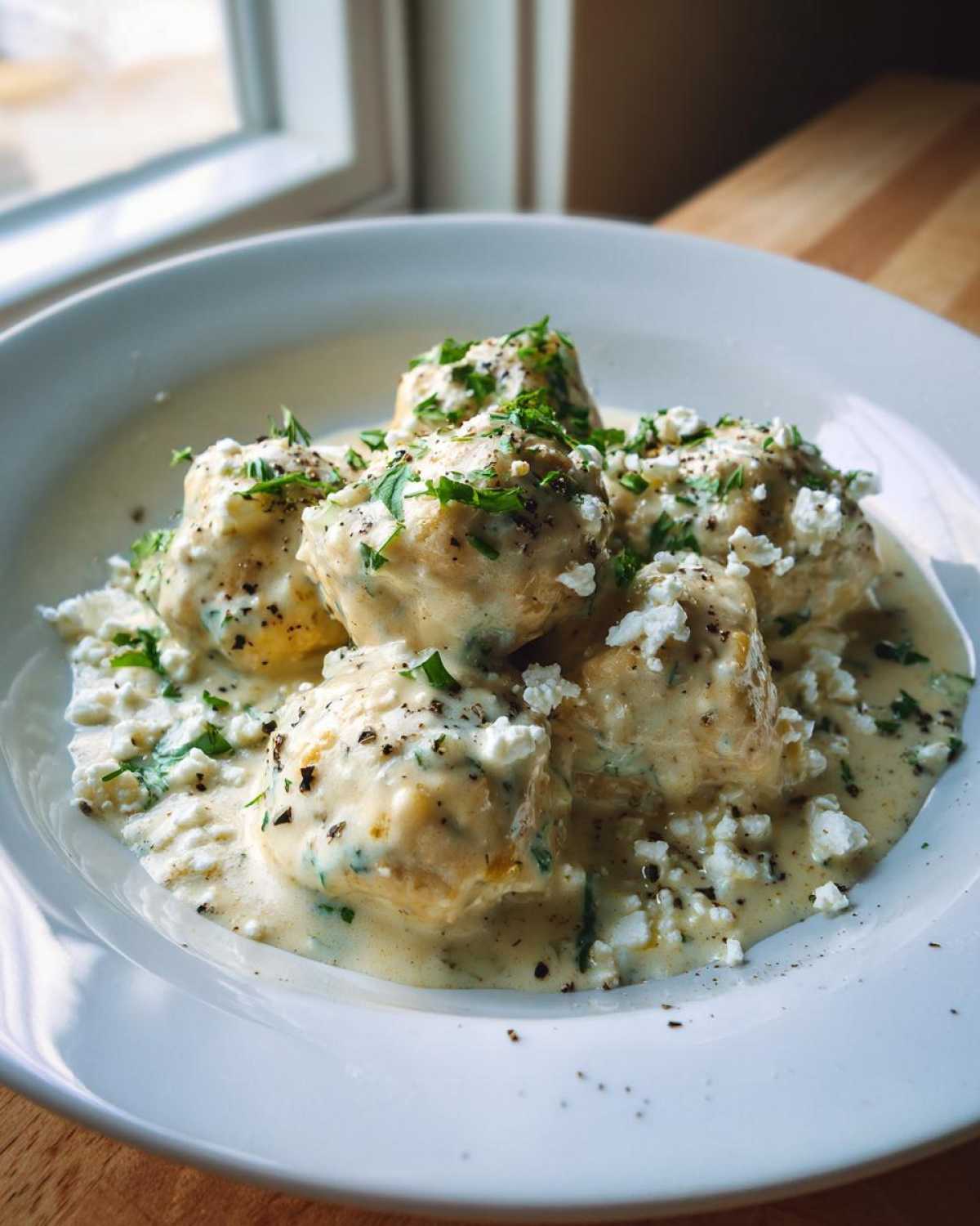 Close-up of Easy Creamy Greek Chicken Meatballs served in a white bowl with a rich cream sauce, topped with feta and fresh herbs.
