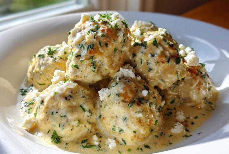 A bowl of Easy Creamy Greek Chicken Meatballs covered in a light sauce and topped with crumbled feta and fresh herbs.
