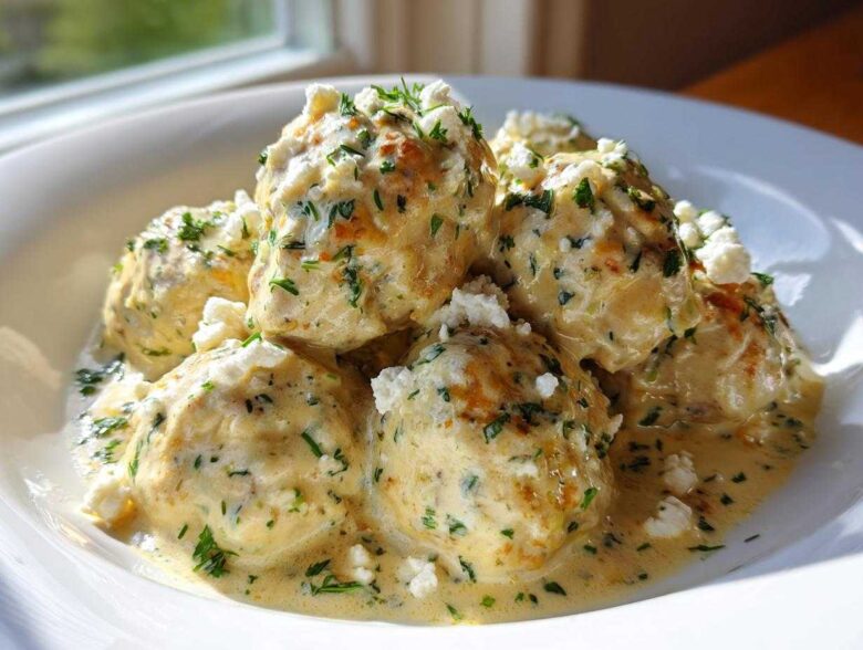 A bowl of Easy Creamy Greek Chicken Meatballs covered in a light sauce and topped with crumbled feta and fresh herbs.