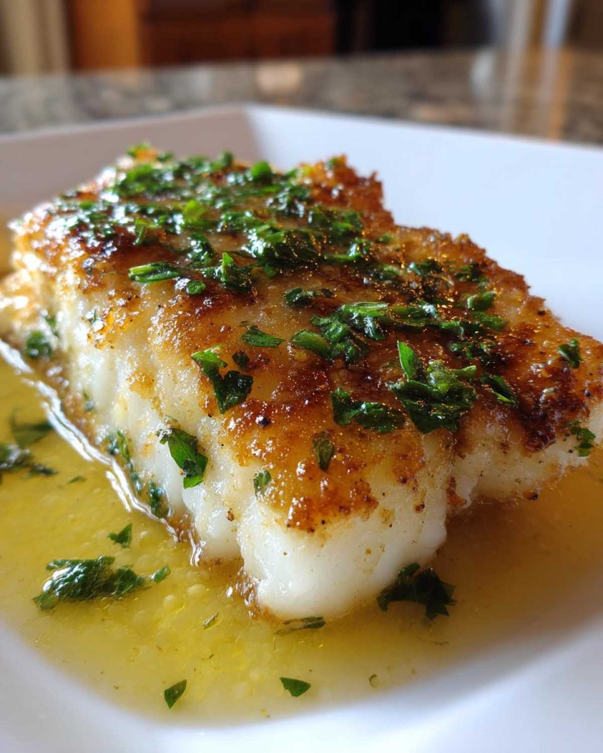 Close-up of a golden-brown piece of fish, likely flounder, served in a lemon butter sauce and topped with fresh parsley for an Easy Flounder Francese Recipe.