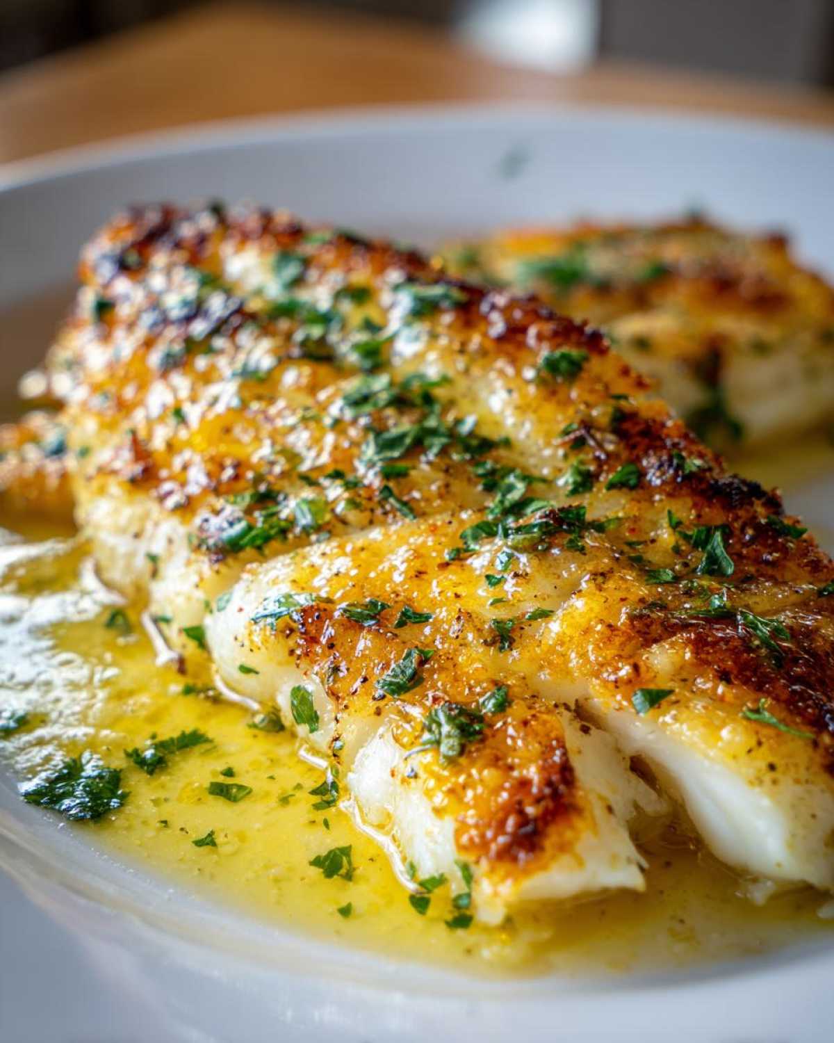 Close-up of a golden-brown fillet in the Easy Flounder Francese Recipe, swimming in lemon butter sauce and topped with parsley.