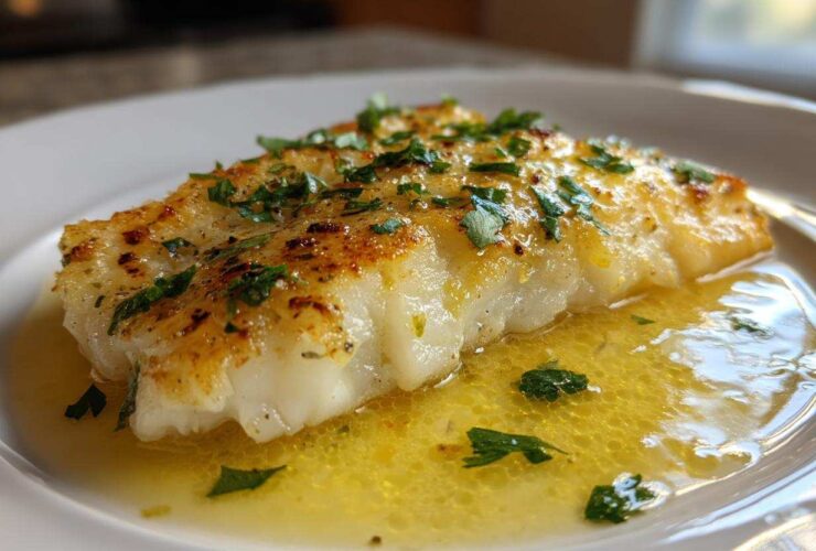 Close-up of a perfectly cooked Easy Flounder Francese Recipe fillet swimming in bright lemon butter sauce and topped with fresh parsley.