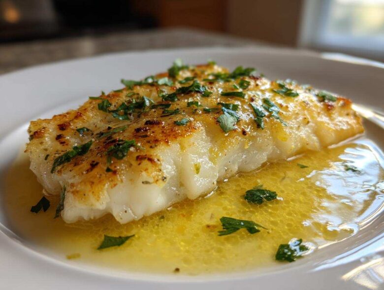 Close-up of a perfectly cooked Easy Flounder Francese Recipe fillet swimming in bright lemon butter sauce and topped with fresh parsley.