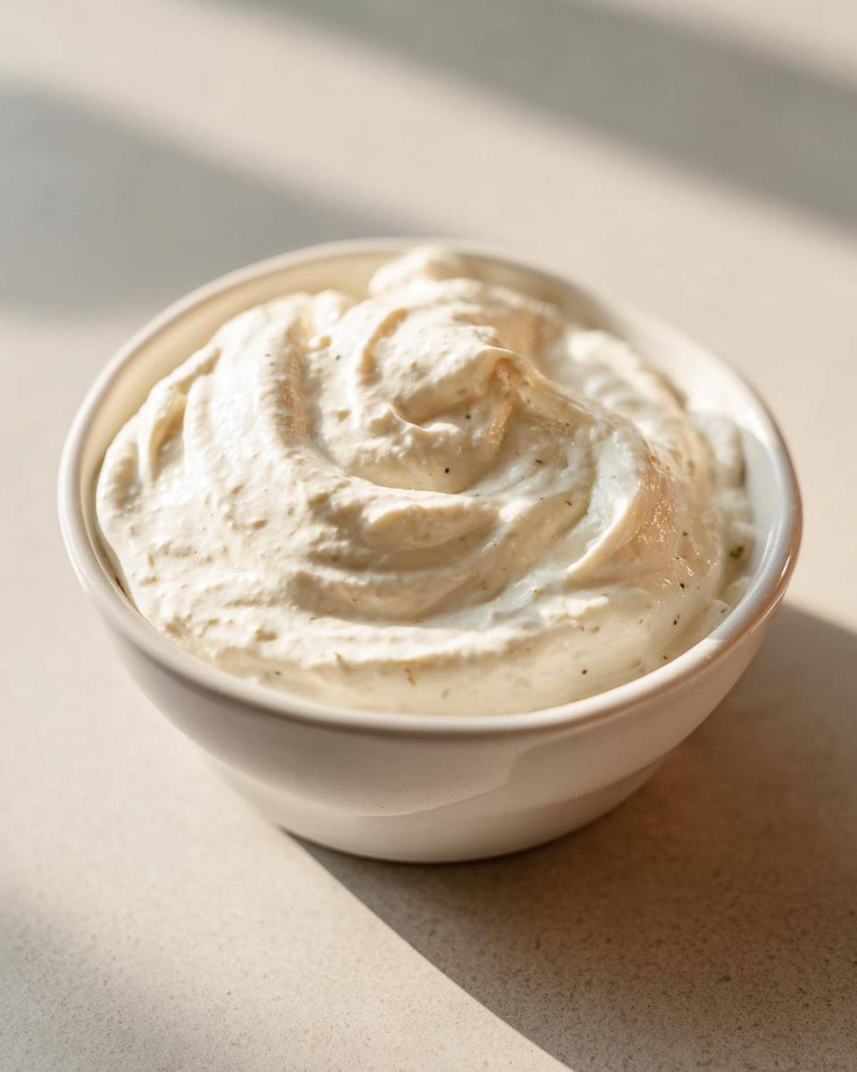 A close-up of thick, creamy Easy Greek Yogurt Caesar Dressing swirled in a small white bowl.