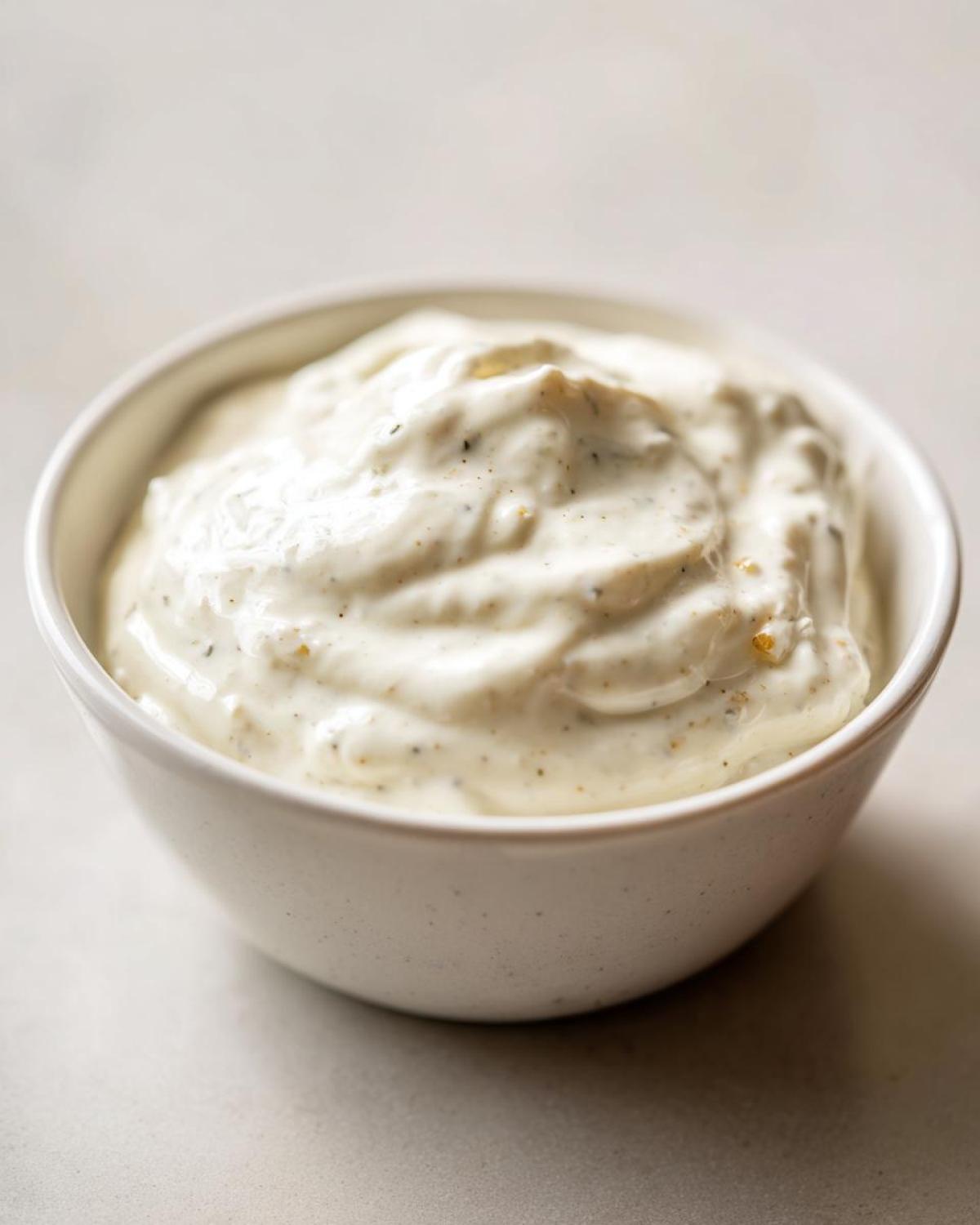 Close-up of thick, creamy Easy Greek Yogurt Caesar Dressing speckled with herbs in a small white bowl.