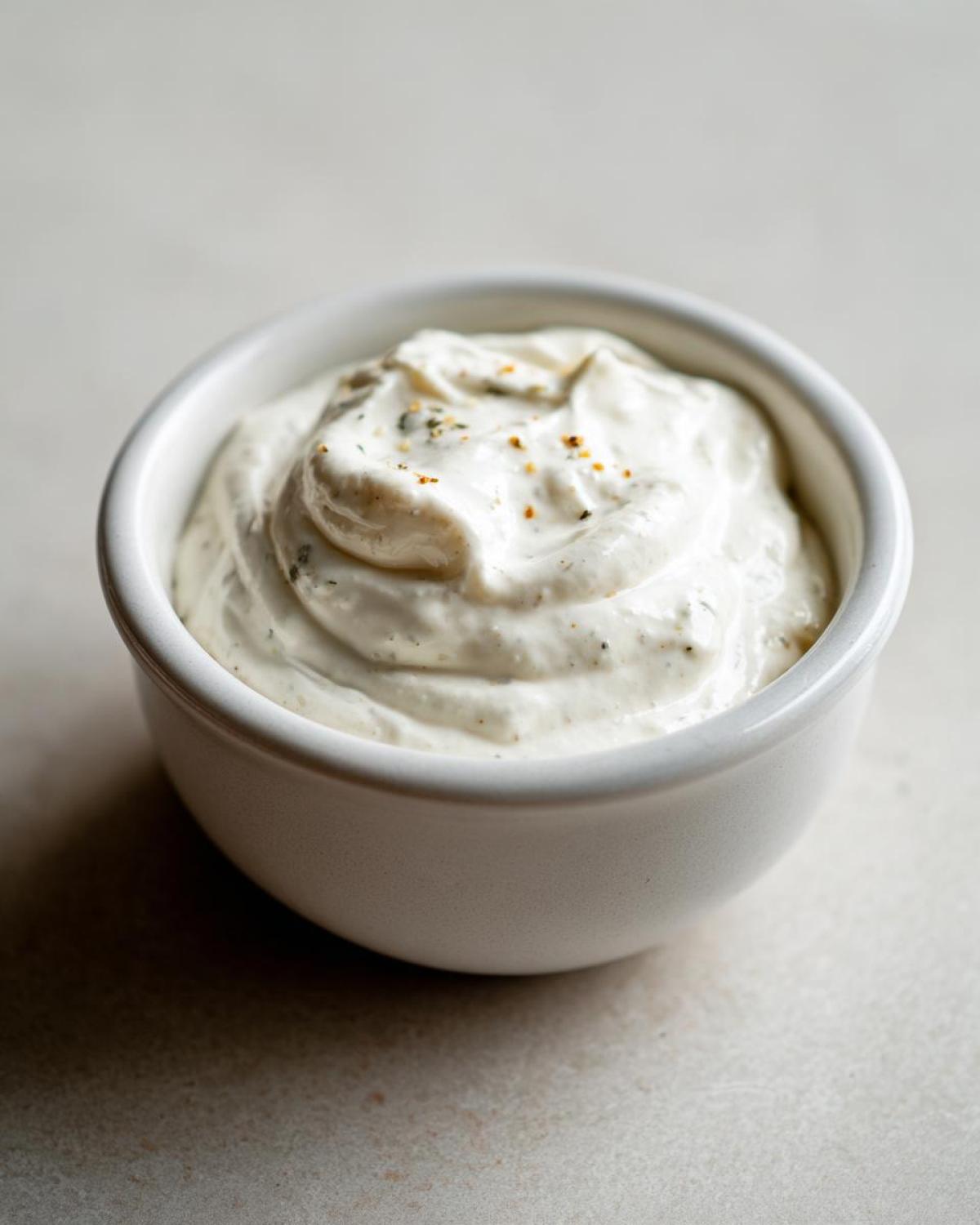 Close-up of thick Easy Greek Yogurt Caesar Dressing, garnished with pepper flakes, in a small white bowl.