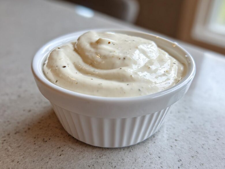 A close-up of thick, creamy Easy Greek Yogurt Caesar Dressing swirled in a small white ramekin.