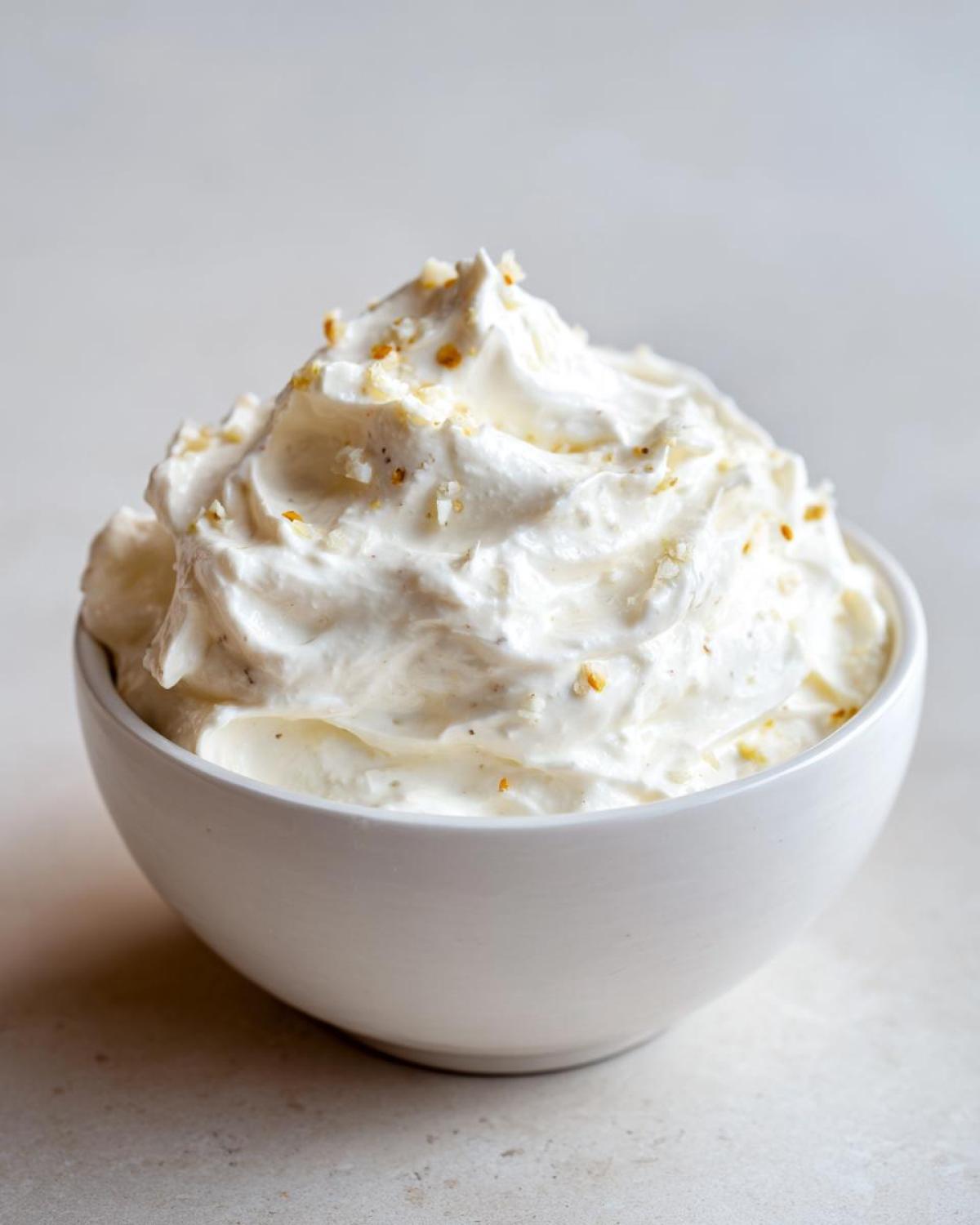 Close-up of thick, creamy Easy Greek Yogurt Caesar Dressing swirled high in a small white bowl, topped with flecks of seasoning.