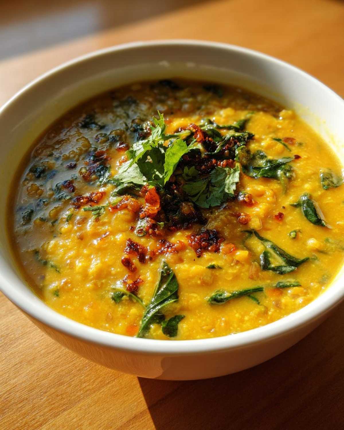 A close-up of a white bowl filled with vibrant yellow Easy Green Lentil Dal, topped with fresh cilantro and crispy tempering.