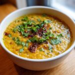 Close-up of a bowl of Easy Green Lentil Dal, garnished with fresh cilantro and a spiced tempering.