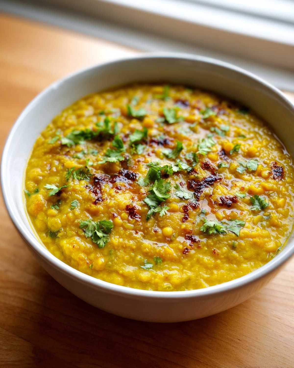 Close-up of a white bowl filled with vibrant yellow Easy Green Lentil Dal, garnished with fresh cilantro and tempering oil.