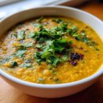 A close-up of a white bowl filled with vibrant yellow Easy Green Lentil Dal, topped with fresh cilantro.