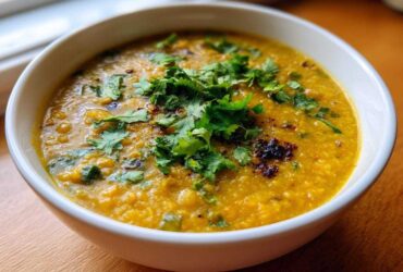 A close-up of a white bowl filled with vibrant yellow Easy Green Lentil Dal, topped with fresh cilantro.