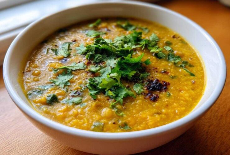 A close-up of a white bowl filled with vibrant yellow Easy Green Lentil Dal, topped with fresh cilantro.