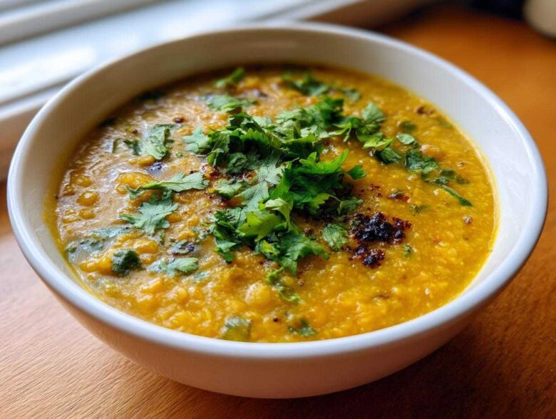 A close-up of a white bowl filled with vibrant yellow Easy Green Lentil Dal, topped with fresh cilantro.