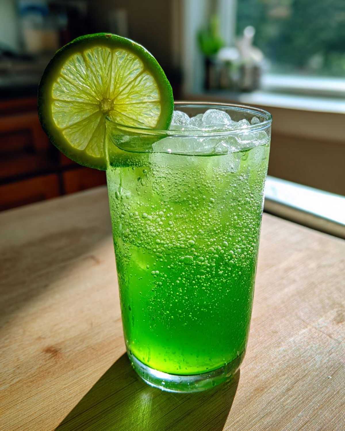 Close-up of a tall glass filled with bright green, bubbly Easy Iced Cucumber Lime Agua Fresca, garnished with a lime wheel.