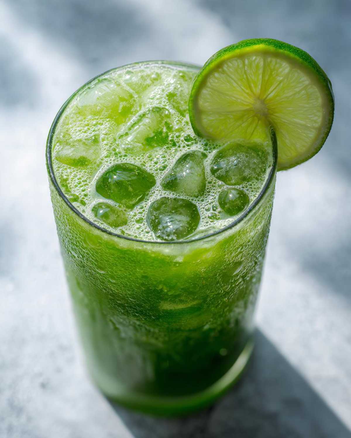 Close-up of a tall glass filled with bright green Easy Iced Cucumber Lime Agua Fresca, ice, and garnished with a lime slice.