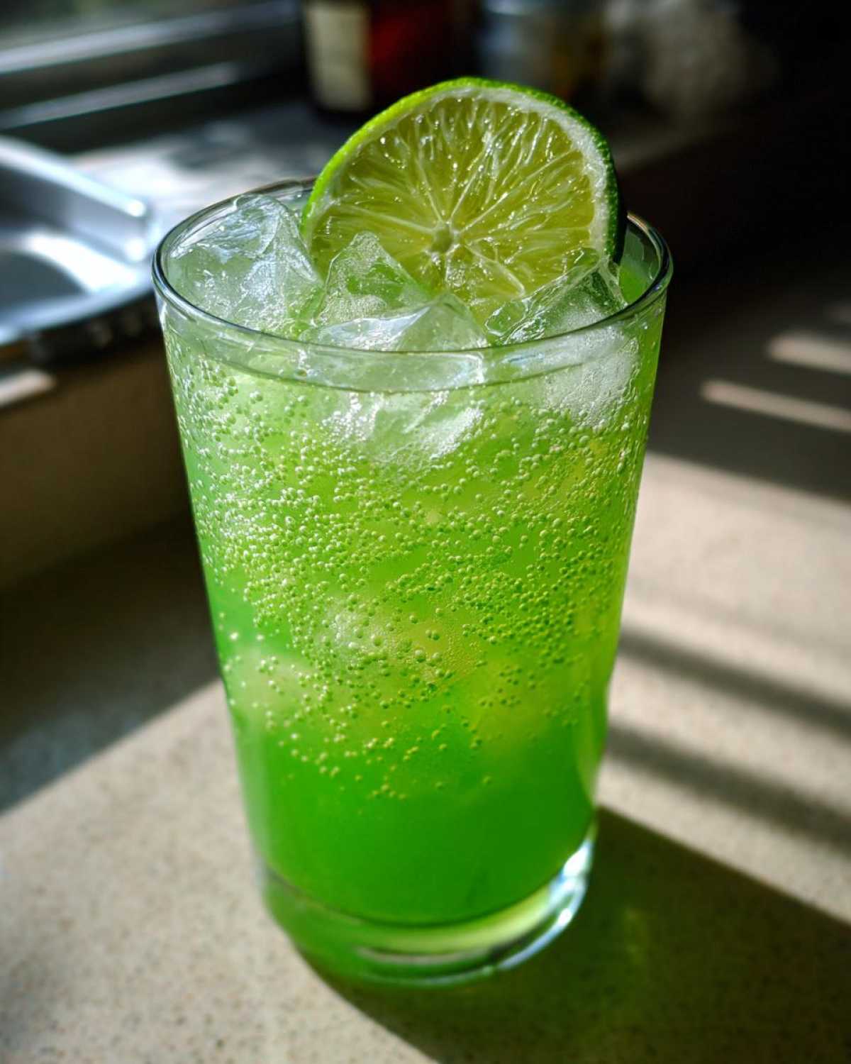 Close-up of a tall glass filled with bright green, bubbly Easy Iced Cucumber Lime Agua Fresca and ice, garnished with a lime wheel.