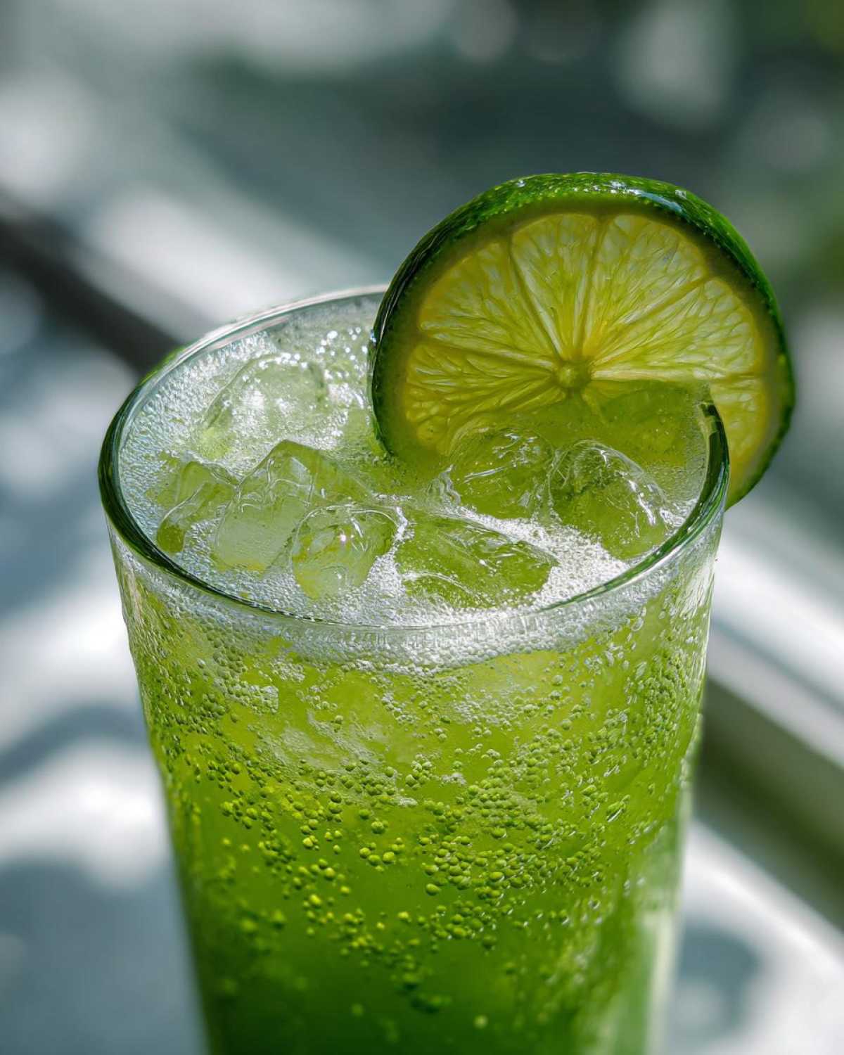Close-up of a tall glass filled with bubbly, bright green Easy Iced Cucumber Lime Agua Fresca and ice, garnished with a lime wheel.