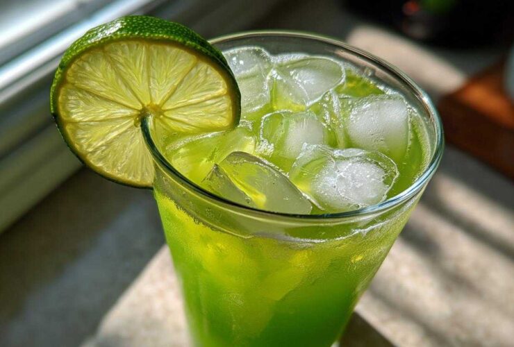 Close-up of a tall glass filled with bright green Easy Iced Cucumber Lime Agua Fresca and ice, garnished with a lime wheel.