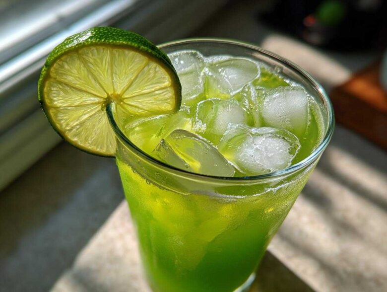 Close-up of a tall glass filled with bright green Easy Iced Cucumber Lime Agua Fresca and ice, garnished with a lime wheel.