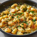Close-up of Easy One-Pan Creamy Garlic Butter Gnocchi coated in a rich sauce and topped with fresh parsley.