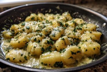 Close-up of Easy One-Pan Creamy Garlic Butter Gnocchi coated in sauce, topped with parsley and Parmesan.