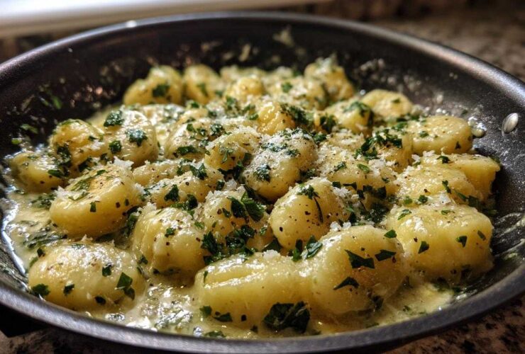 Close-up of Easy One-Pan Creamy Garlic Butter Gnocchi coated in sauce, topped with parsley and Parmesan.