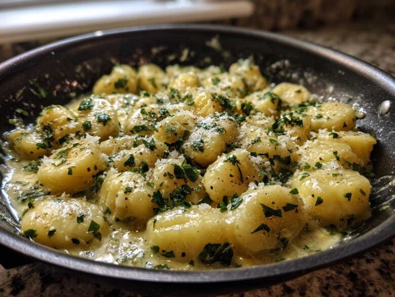 Close-up of Easy One-Pan Creamy Garlic Butter Gnocchi coated in sauce, topped with parsley and Parmesan.