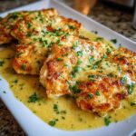Close-up of golden brown Easy One-Pan Creamy Garlic Lemon Chicken Cutlets smothered in a rich, pale yellow sauce and topped with fresh parsley.