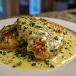 Two golden-brown Easy One-Pan Creamy Garlic Lemon Chicken Cutlets smothered in a rich, pale yellow sauce and topped with fresh parsley.