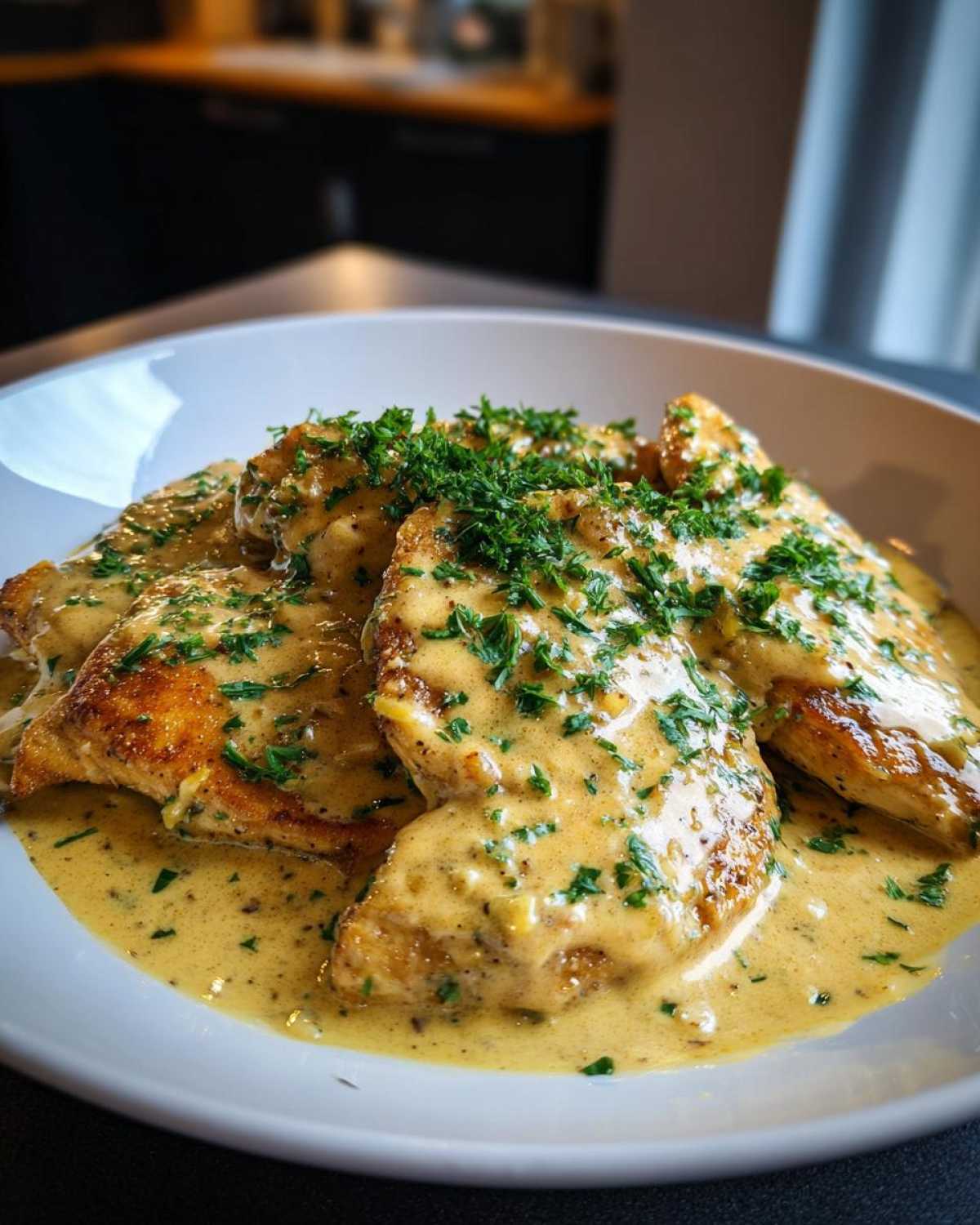 Close-up of pan-seared Easy One-Pan Creamy Garlic Lemon Chicken Cutlets smothered in a rich, yellow cream sauce and topped with fresh parsley.