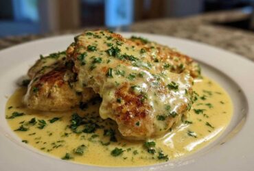 Two golden-brown Easy One-Pan Creamy Garlic Lemon Chicken Cutlets smothered in a rich, pale yellow sauce and topped with fresh parsley.