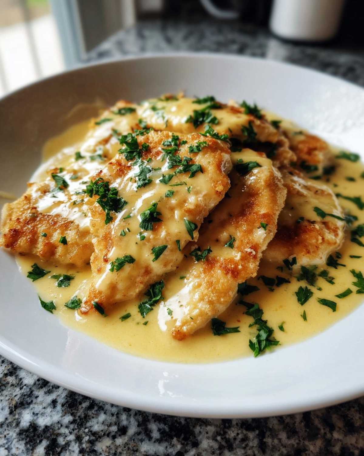 Close-up of golden Easy One-Pan Creamy Garlic Lemon Chicken Cutlets covered in a rich, yellow sauce and fresh parsley.