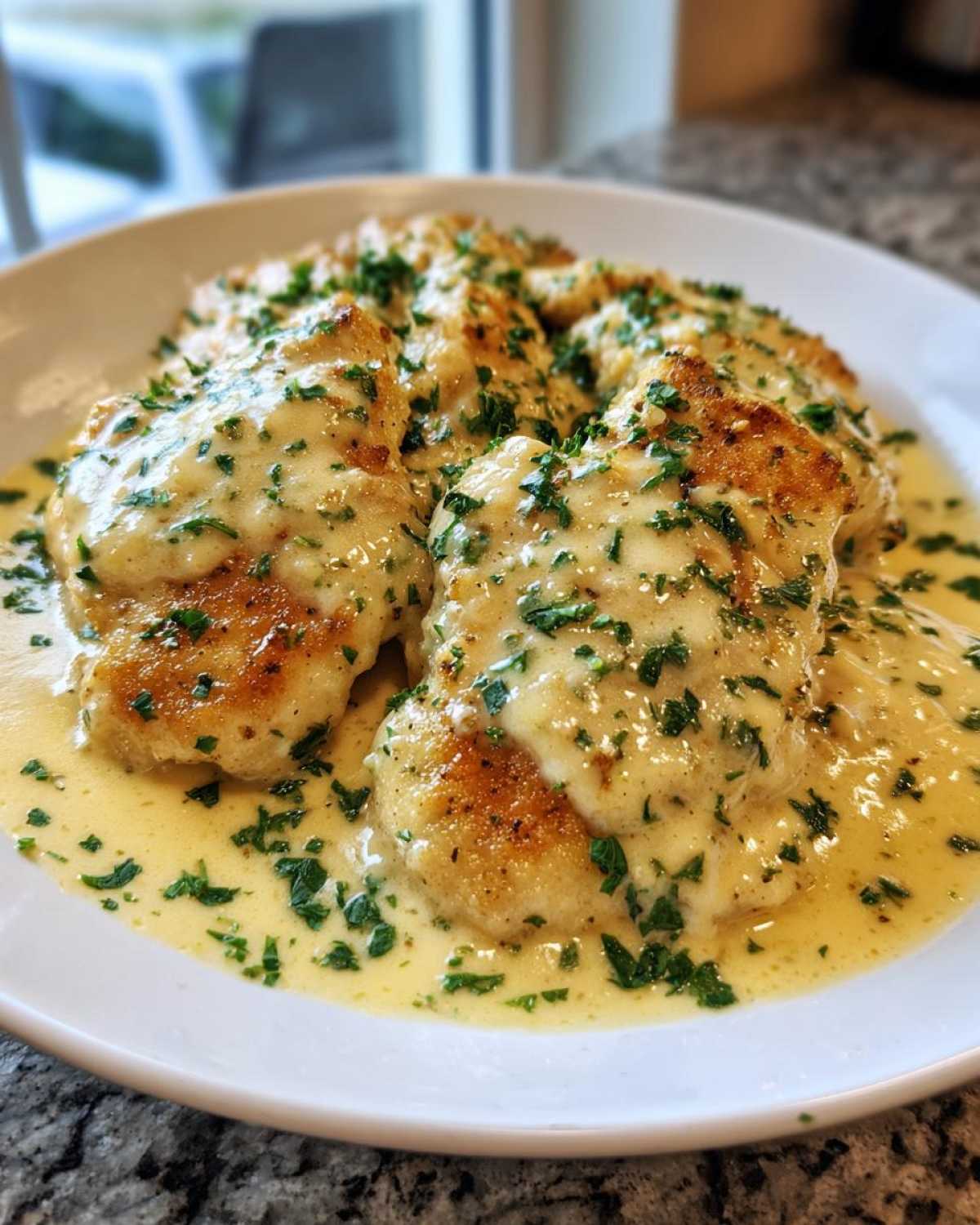 Plated Easy One-Pan Creamy Garlic Lemon Chicken Cutlets smothered in a rich, creamy sauce and topped with fresh parsley.