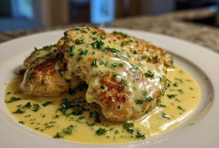 Two golden-brown Easy One-Pan Creamy Garlic Lemon Chicken Cutlets smothered in a rich, pale yellow sauce and topped with fresh parsley.