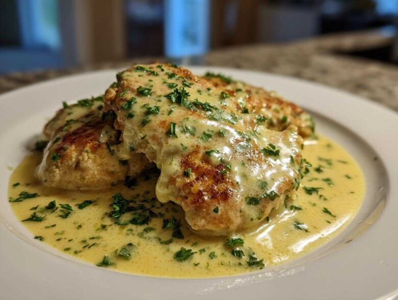 Two golden-brown Easy One-Pan Creamy Garlic Lemon Chicken Cutlets smothered in a rich, pale yellow sauce and topped with fresh parsley.