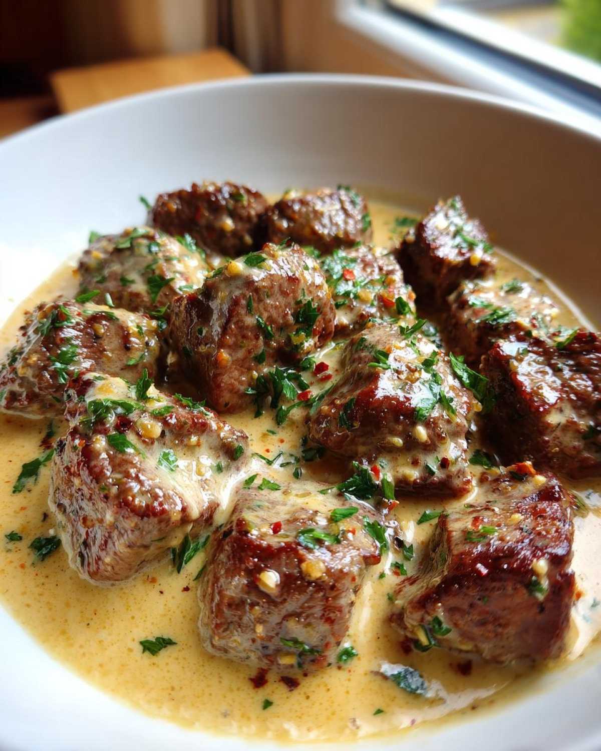 Close-up of Easy One-Pan Creamy Garlic Steak Bites coated in a rich, creamy garlic sauce and garnished with parsley.