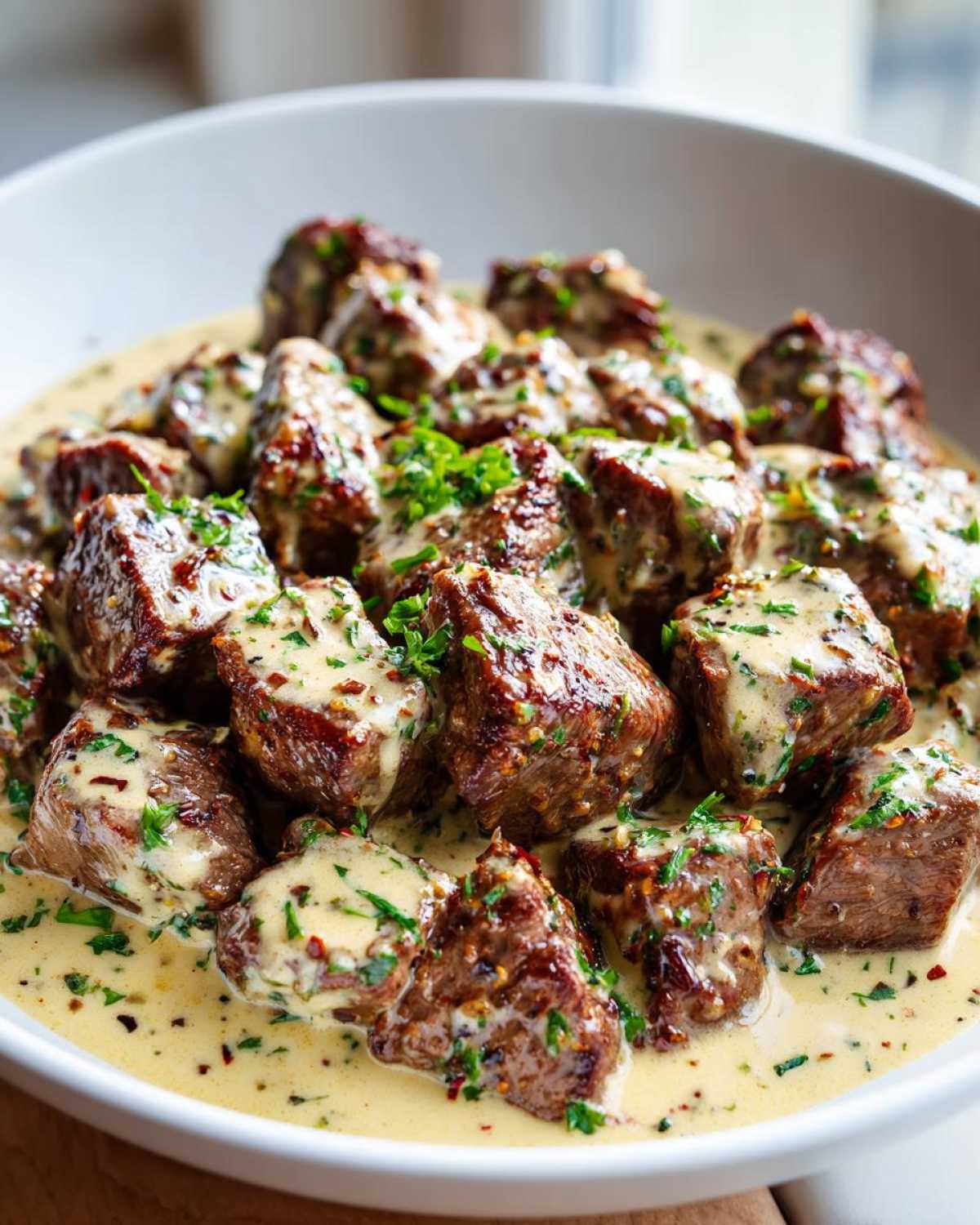 Close-up of seared Easy One-Pan Creamy Garlic Steak Bites swimming in a rich, creamy garlic sauce garnished with parsley.