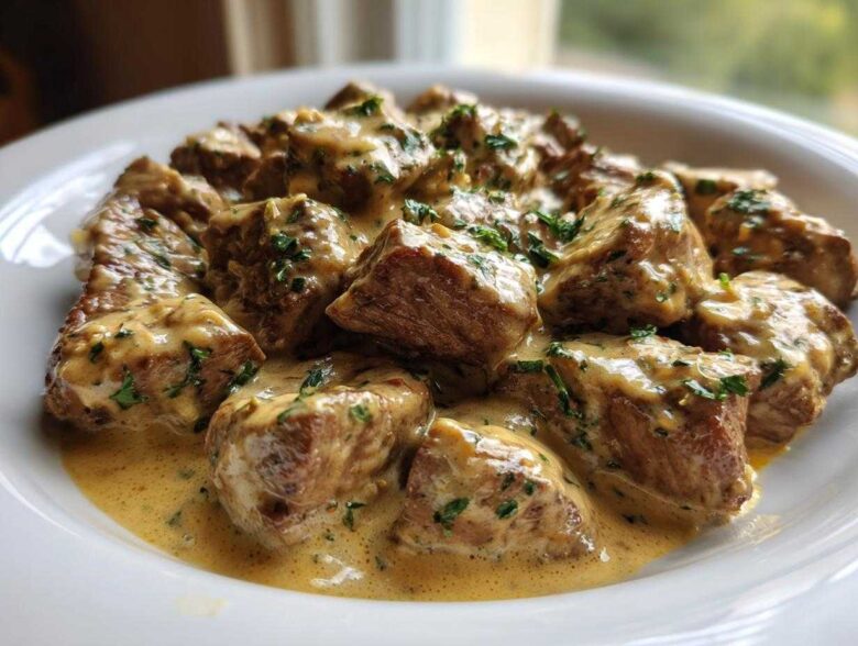 Close-up of Easy One-Pan Creamy Garlic Steak Bites covered in rich sauce and sprinkled with parsley.