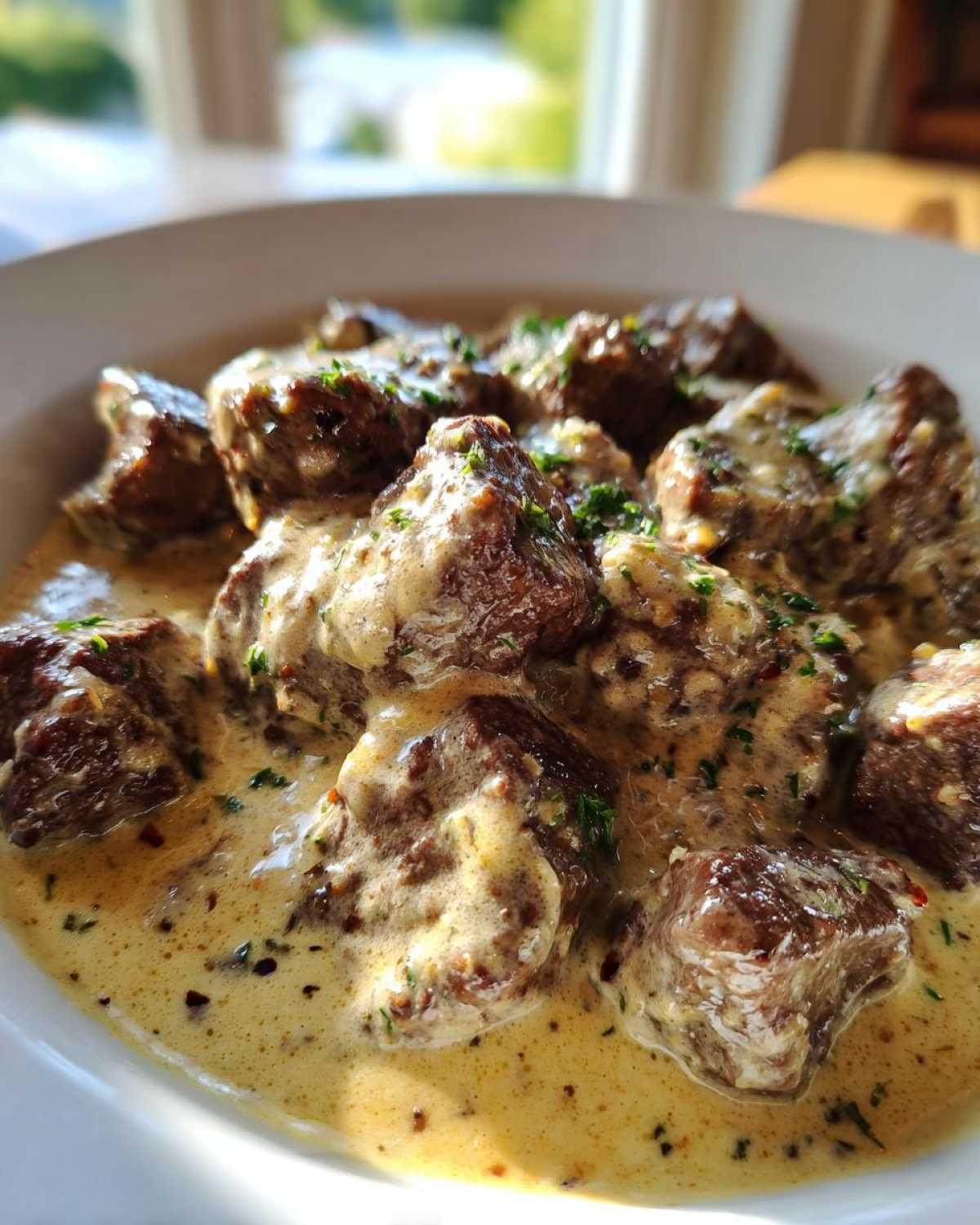 Close-up of tender Easy One-Pan Creamy Garlic Steak Bites coated in a rich, speckled garlic cream sauce and garnished with parsley.
