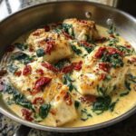 Close-up of Easy One-Pan Creamy Garlic Tuscan Cod fillets simmering in a rich, creamy sauce with spinach and sun-dried tomatoes.