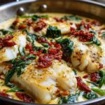 Close-up of flaky cod fillets in a creamy garlic sauce with spinach and sun-dried tomatoes: Easy One-Pan Creamy Garlic Tuscan Cod.