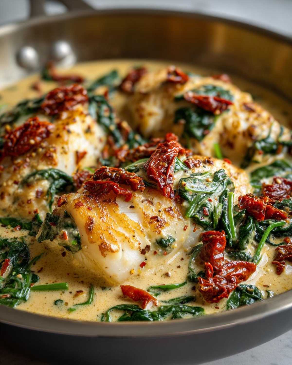 Close-up of seared cod fillets swimming in a creamy garlic sauce with spinach and sun-dried tomatoes: Easy One-Pan Creamy Garlic Tuscan Cod.