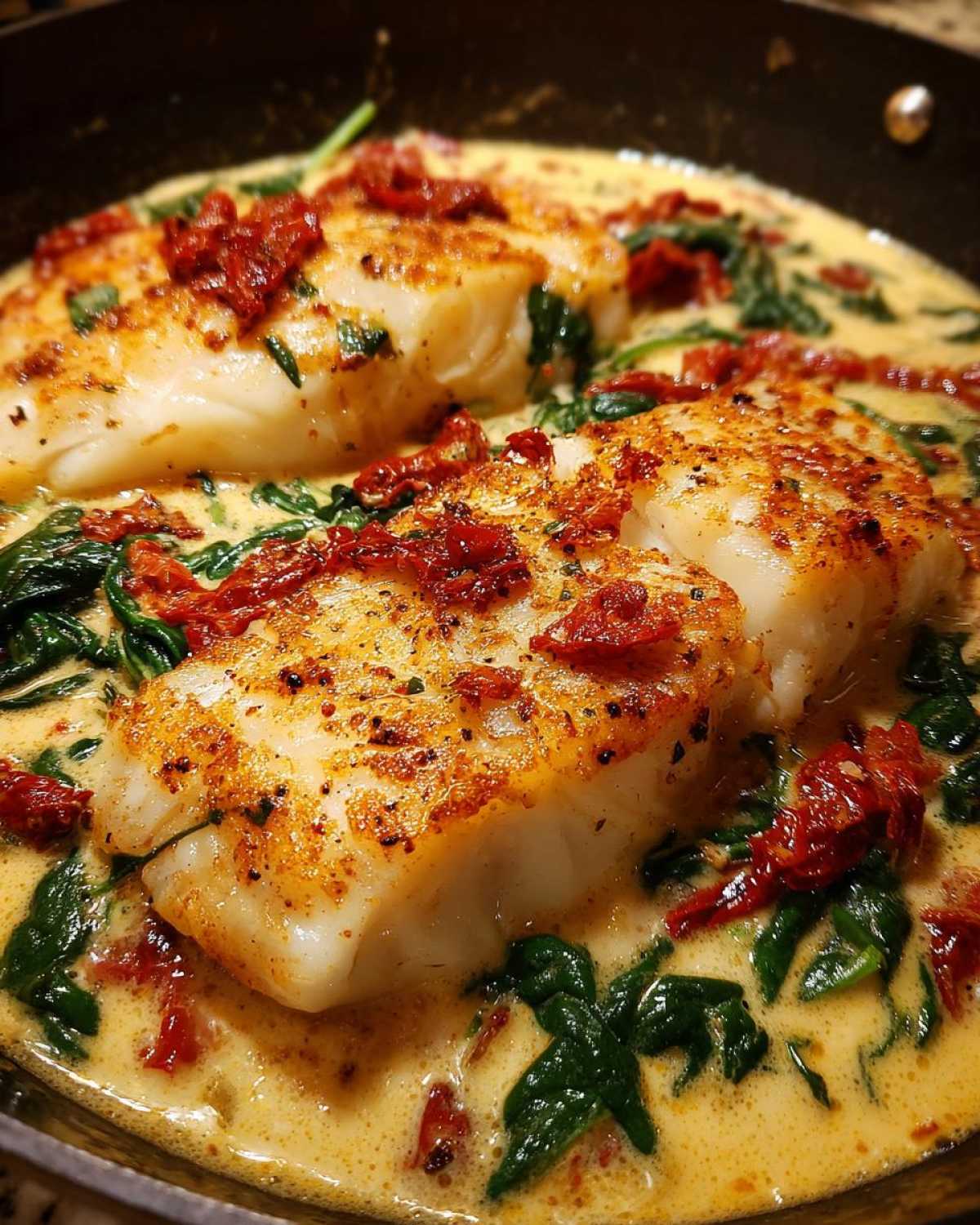 Close-up of seared cod fillets in a creamy garlic sauce with spinach and sun-dried tomatoes for Easy One-Pan Creamy Garlic Tuscan Cod.