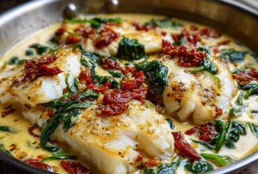 Close-up of flaky cod fillets in a creamy garlic sauce with spinach and sun-dried tomatoes: Easy One-Pan Creamy Garlic Tuscan Cod.