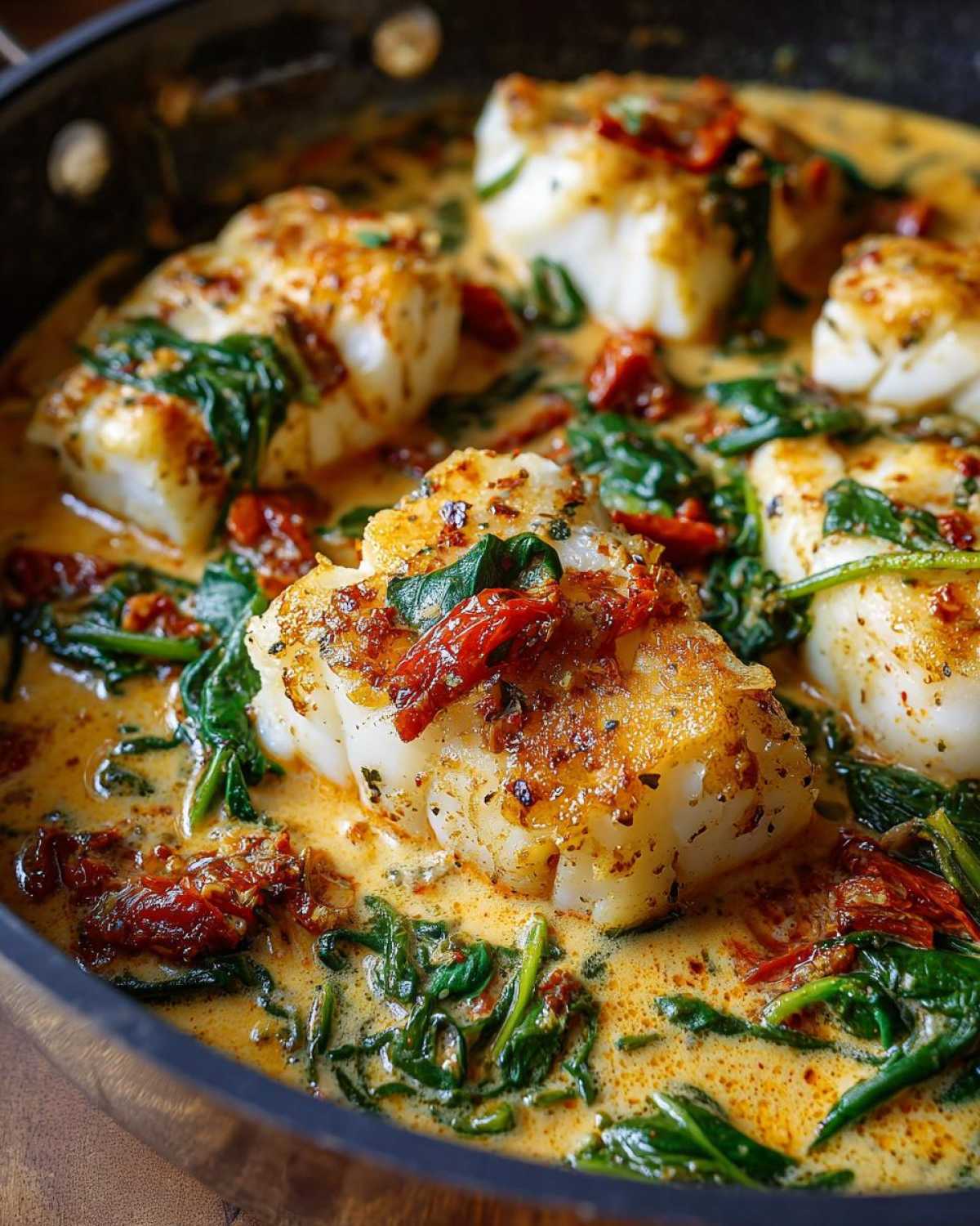 Close-up of flaky cod fillets simmering in a creamy garlic sauce with spinach and sun-dried tomatoes for Easy One-Pan Creamy Garlic Tuscan Cod.