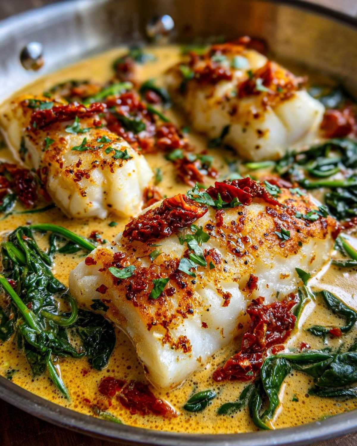 Three fillets of seared cod in a creamy garlic sauce with spinach and sun-dried tomatoes: Easy One-Pan Creamy Garlic Tuscan Cod.