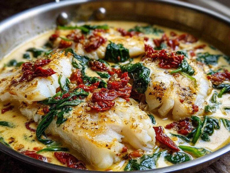 Close-up of flaky cod fillets in a creamy garlic sauce with spinach and sun-dried tomatoes: Easy One-Pan Creamy Garlic Tuscan Cod.